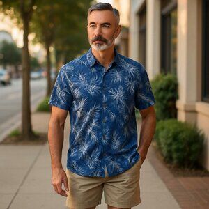RedHead XL Palm Tree Hawaiian Shirt 100% Cotton Blue Tropical Button‑Down XL